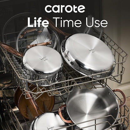 CAROTE 1.6Qt & 3.0Qt Stainless Steel Saucepan Set, Non-Toxic 3-Ply Stainless Steel Cookware Set with Lids, Small Kitchen Pots, Oven Safe, Compatible with Induction, Ceramic, Gas