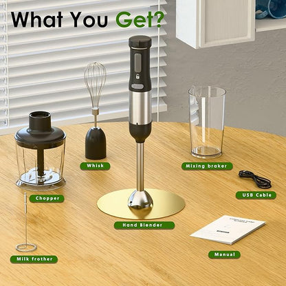 Cordless Immersion Hand Blender, 5-in-1 Variable Speed blender handheld,Rechargeable with 2000mAh Battery, BPA-Free & Dishwasher-Safe Accessories:700ml Beaker,Chopper,Whisk & Milk Frother,Black