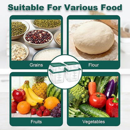 4 Pack 2QT & 4QT Food Storage Containers with Green Lids, Clear Square Commercial Food Storage Containers with Scales and Handles, BPA-Free Airtight Restaurant Container for Sourdough, Marinating Meat