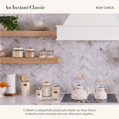 MACKENZIE-CHILDS Rosy Check Enamel Canister, Pink-and-White Kitchen Storage Container with Lid, Demi