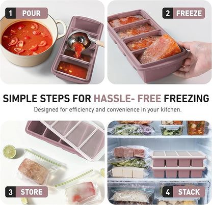 Silicone Freezer Tray with Lid Soup Freezer Container Molds with Steel Reinforced Rim Large Ice Cube Tray Makes 8 Perfect 1 Cup Portions Cubes Storage Food Containers House Essentials for New Home