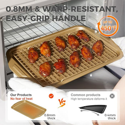 HONGBAKE 9-Piece Baking Pans Set with Wave Texture, 0.8mm Thick Bakeware Sets Non Stick, Includes Stackable Cookie Sheets for Oven Cooking, Cake Pan, Muffin Pan, Loaf Pan, Roasting Pan, Rack, Gold