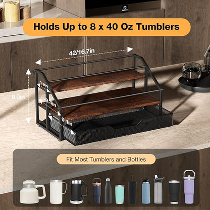 MOJOHAND Water Bottle Organizer for Stanley, 3-Tier 8 Bottles Rack with Storage Basket for Cup Accessories, Large Tumbler Holder Stand, Water Bottle Holder Wine Rack