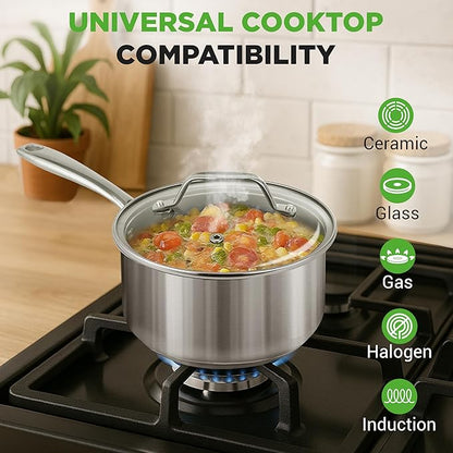 NutriChef 2 Quart Stainless Steel Pot with Lid - Heavy Duty Saucepan with Ergonomic Handles, For All Cooktops