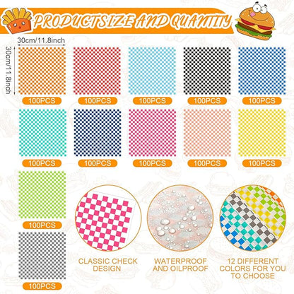 Fulmoon 1200 Sheets Waxed Deli Paper Sheets Sandwich Wrap 12 x 12 Inch Plaid Checkered Sandwich Liners, Food Basket Liner Deli Wrap Wax Paper for Wrapping Bread BBQ Picnic