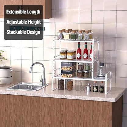 ‎Expandable Kitchen Cabinet Storage Shelf, Stackable Metal Pantry Storage Shelves Organizer, Adjustable Height Counter Spice Rack for Kitchen Cabinet (White - 16.5"-27" L x 10.2" W x 9.6" H - 3Pack)