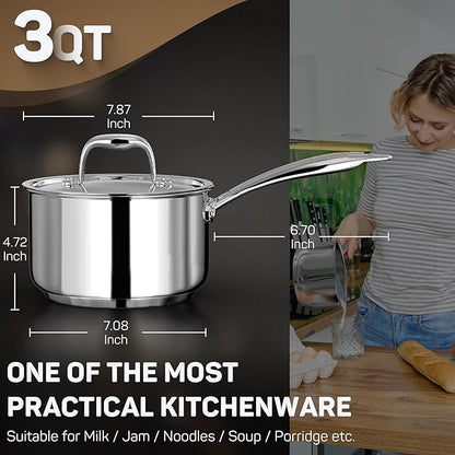 3 Qt Saucepan with Lid - Upgraded Package - 3 Quart 18/10 Stainless Steel Sauce Pan with Mirror Polishing and 2 Sacles, Induction Cookware, Small Pot for Cooking, Dishwasher Safe Oven Safe