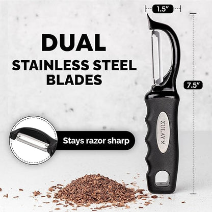 Zulay Kitchen Premium Vegetable Peeler for Kitchen - Swivel Peeler with Razor Sharp Stainless Steel Blades & Strong Ergonomic Handle - Dishwasher Safe, Easy To Use with Blemish Remover - Black