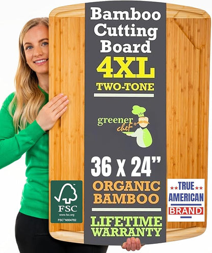 FSC® Certified 36 x 24 Inch Extra Large Bamboo Cutting Board with Lifetime Replacements – 4XL Butcher Block, Oversized Carving & Charcuterie Board, Stovetop Cover for Kitchen Counter Space