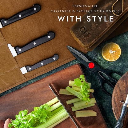 ELIZO Personalized Premium Full Grain Leather Chef Knife Roll, 17L x 14W inches Knife Storage Travel Case, Professional Customizable Chef Knife Case - Holds 4 Chef Knives