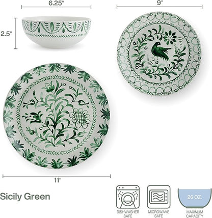 Fitz and Floyd Sicily Green 12 Piece Dinnerware Plate Bowl Set, Service for 4