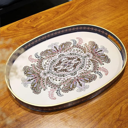 Oval Plastic Serving Tray with Handles, Elegant Decorative Tray for Coffee Table, Ottoman, Living Room, Kitchen, Outdoor Use. 10"*16"*1.4" B