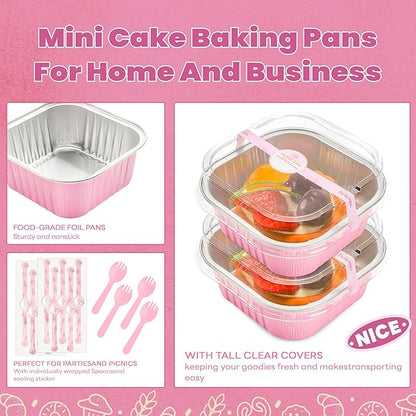 50 Pcs Mini Square Baking Cups with Lids and Spoons Aluminum Foil Mini Cake Pans with Lids Disposable Ramekins Cake Pans Dessert Cups for Wedding Birthday Party(Pink,10oz)