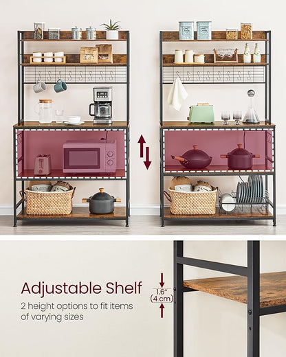 VASAGLE Hutch Bakers Rack with Power Outlet, 14 Hooks Microwave Stand, Adjustable Coffee Bar with Metal Wire Panel, Kitchen Storage Shelf, 15.7 x 39.4 x 66.9 Inches, Rustic Brown and Black UKKS038B01