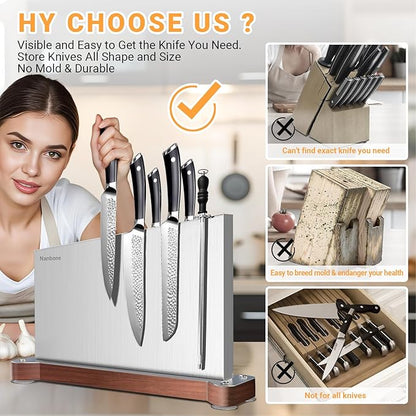 Magnetic Knife Block Without Knives Large Double Side Magnetic Knife Holder Stand with Strong Magnet, Stainless Steel Knife Storage Organizer for Kitchen Counter Knife Rack Three Magnet Strip