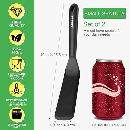 Anaeat Silicone Thin Spatula Set of 2 - Mini Brownie Serving Spatulas - Non Stick Spurtle Turner for Easy Cooking Eggs, Omelet, Pancake, Burgers, Pizza, Steak, Crepes, Heat Resistant & BPA Free