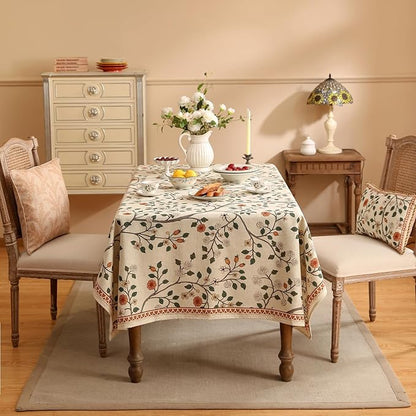ISAENNE Designer Floral Long Rectangular Tablecloth,French Linen Light Beige Indoor Table Cloth,Fall Wrinkle Resistant Decor Tablecloths for Dining Thanksgiving Kitchen Party,63"*94"-Flora A