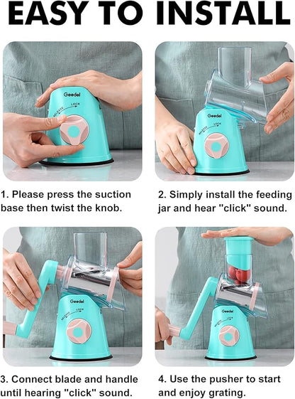 Geedel Rotary Cheese Grater, Kitchen Mandoline Vegetable Slicer with 3 Interchangeable Blades, Easy to Clean Rotary Grater Slicer for Fruit, Vegetables, Nuts