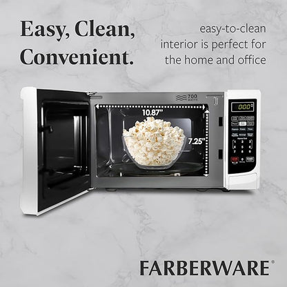 Farberware Countertop Microwave Oven 700 Watts Power Auto Cook Settings, Defrost, Easy Clean and Child Safety Lock, 0.7 Cu. Ft, White