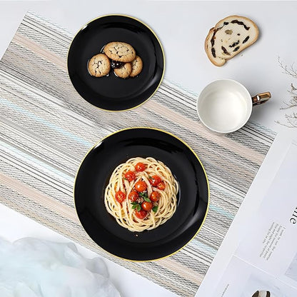 KIRE 100PCS Black and Gold Plates - Black Plastic Plates Disposable with Gold Rim for Halloween Party/Wedding/Birthday Include 50Pcs 10.25inch for Dinner and 50Pcs 7.5inch for Dessert/Salad
