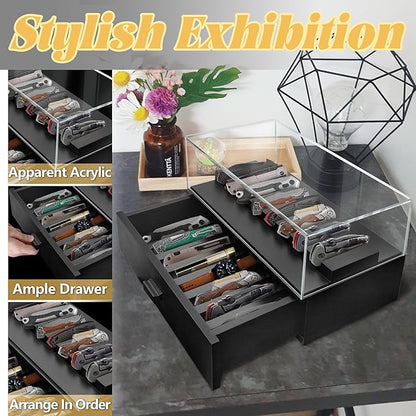 Knife Display Case,2 Tier Wooden Pocket Knife Collection Case with Acrylic Lid, Pocket Knife Storage Drawer Organizer, Black
