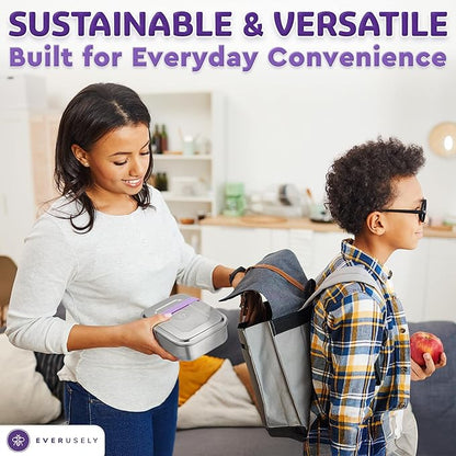 Everusely - Bento Box - Lavender, 60oz / 1.8 L - Stainless Steel Lunch Box with Leakproof Condiment Container - 3 Compartment Snack Organizer for On the Go Meals - Freezer & Dishwasher Safe