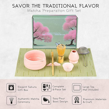 Matcha Whisk Set, 8-Piece Pink Matcha Set with Ceramic Bowl, Bamboo Whisk, Sifter, Large Mat and More – Complete Matcha Kit with Gift Box for Matcha Lovers