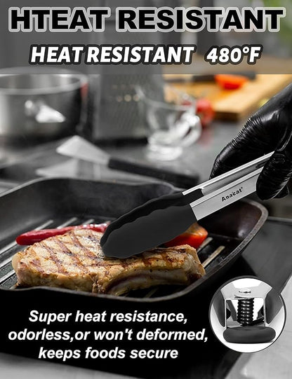 Anaeat Non-Stick Silicone Locking Tong Set of 2 - Stainless Steel 9" and 12" Kitchen Food Tongs with Non-Slip Silicone Tips and Grip for Cooking, Baking and BBQ - Heavy Duty & Heat Resistant (Black)