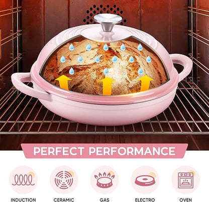 E-far Dutch Oven for Sourdough Bread Baking, 6 Qt Round Enameled Cast Iron Dutch Oven for Homemade Artisan Bread, Dome Lid & Shallow Base, Matte Black Interior & Durable, Oven-Safe to 500℉, Pink