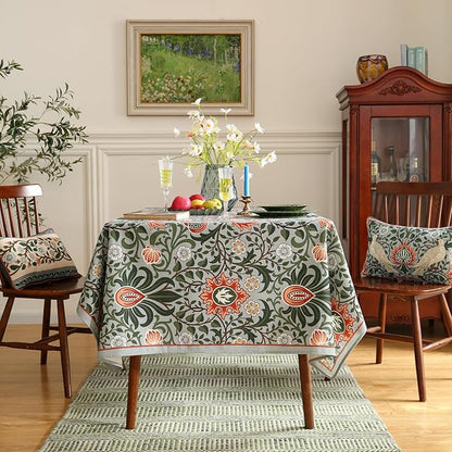 ISAENNE Designer Bohemian Linen Green Extra Long Rectangle Tablecloth,Floral Indoor Table Cloth,Stain Resistant Decor Tablecloths for Dining Thanksgiving Kitchen Party Christmas,63"*110"-Naples