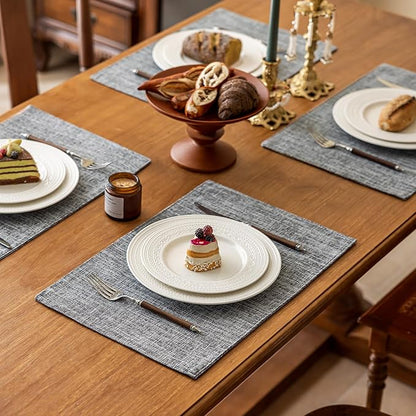 KXN Placemats Set of 6, Dual-Layer Thickened Faux Linen Table Mats, Heat Resistant & Wrinkle-Free, Machine Washable Cloth Place Mats for Kitchen Dining Indoor Outdoor (Light Grey)