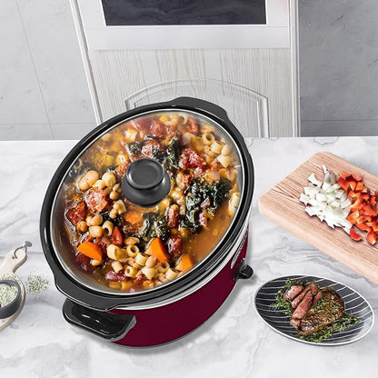 HOMECOOKIN 6 Quart Slow Cooker Oval Manual Pot Food Warmer with 3 Cooking Settings, Red Stainless Steel