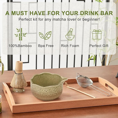 5Pcs Matcha Whisk Set, 18OZ Bowl With Spout, Japanese Ceremony Matcha Whisks Kit, 100% Natural Bamboo Whisk, Ceramic Whisk Holder (Green), Stainless Sifter, Tea Scoop, Gift for Matcha Lovers Beginner