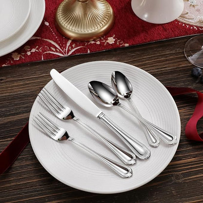 KEAWELL Pearl Edge 4-Piece Premium Spoon Set, 18/10 Stainless Steel, Fine Silverware Spoons with Refined Bead Design, Brightly Polished, Dishwasher Safe (Silver, 7.56" Dinner Spoons)