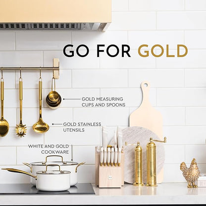 White and Gold Knife Set with Block Self-Sharpening – 14-Piece Titanium Coated Gold and White Kitchen Knives with Ashwood Block and Built-In Sharpener – Luxury Kitchen Accessories, Ideal Gift