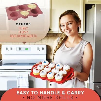Silicone Muffin Pan With Handles, 12 Cups Cupcake Pan, Silicone Muffin Cups For Baking, Eggs & Cupcakes, Non-Stick Cupcake Molds Dishwasher Safe & BPA Free - Red Color