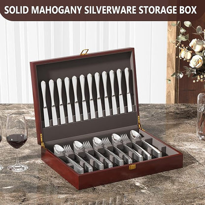 Mahogany Wood Silverware Storage Box,Silverware Case Flatware Chest with Felt Lined,Flatware Storage Box for 12 sets of Utensils,Silverware Chest without Silverware,Silverware Organizer with Lid