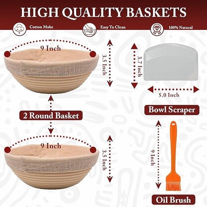 Banneton Bread Proofing Baskets - 2 Pcs 9 Inch Round Bread Proofing Baskets with liner, Plastic Scraper & Oil Brush | Ideal Gift for Bakers