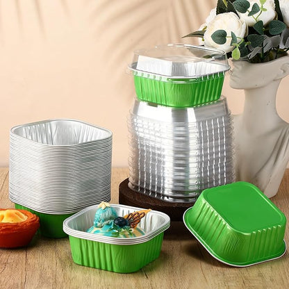 Aoriher 150 Pieces 10 oz Mini Cake Pans with Lids Aluminum Foil Baking Cups Square Disposable 4" x 4" Large Cupcake Cups Baking Tins for Kitchen Brownie Pudding Desserts Holders(Green)