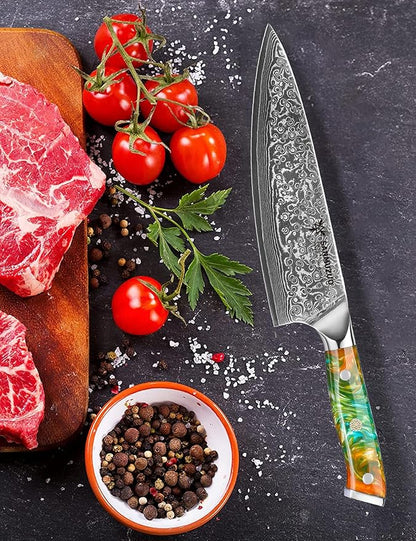 Chef Knife - 8 inch - Xuan Series - VG10 Damascus Steel Kitchen Knife - Resin Handle (Fantasy Orange)