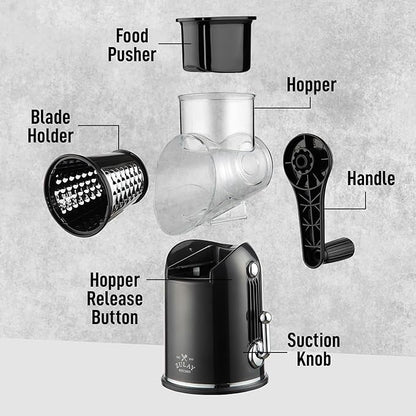 Zulay Kitchen Rotary Cheese Grater 5 Blade Cheese Shredder - Manual Hand Crank Cheese Grater With Reinforced Suction & 5 Interchangeable Drums - Easy to Use, Vegetable Chopper Round Mandoline Slicer