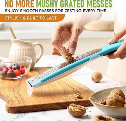 Spring Chef Premium Lemon Zester Grater with Handle - Fruits, Garlic, Chocolate, Nutmeg, Ginger Grater - Heavy Duty Kitchen Tool - Stainless Steel Citrus Zester with Blade Cover - Fine Shred, Aqua Sky