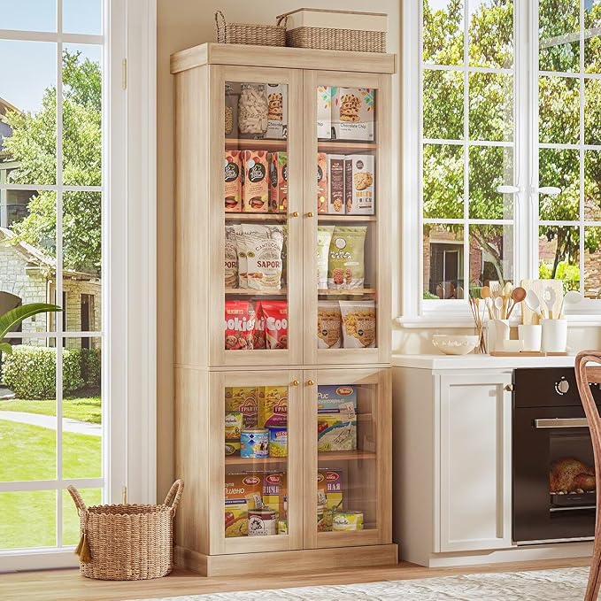 70.8" Bookshelf with Glass Doors, Farmhouse Modular Bookcase with 6-Tier Adjustable Shelves, Large Storage Cabinet for Living Room & Home Office, Set of 2, Brown