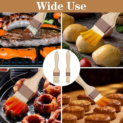 2 Pcs Natural Bristle Pastry Brush, Beech Wooden Handle Basting and BBQ Brushes for Cooking, Butter, Oil, Marinade, Grilling & Baking, Kitchen Food Brush (1.5 inch & 2 inch)