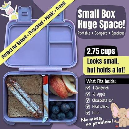 BEARFOOT Kids Lunch Box with Compartments – Compact & Lightweight | Leak-Proof, BPA-Free, Dishwasher & Microwave Safe | Hand-Drawn Design for Preschool, School, Travel (Sticker Purple, 2.75 Cups)