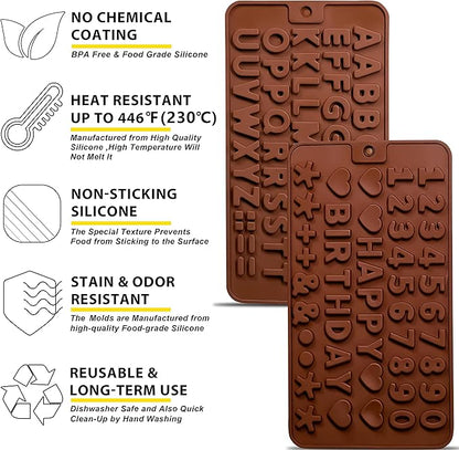 Anaeat Silicone Letter and Number Chocolate Molds, 2 Pack Alphabets & Numbers Candy Baking Mold with Happy Birthday Cake Decorations Symbols - for DIY Chocolates, Candies or Fondant