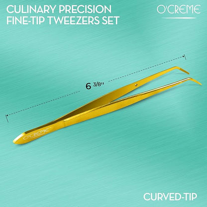 O'Creme Curved Tweezers 6.25 Inch Fine-Point Stainless Steel, Gold