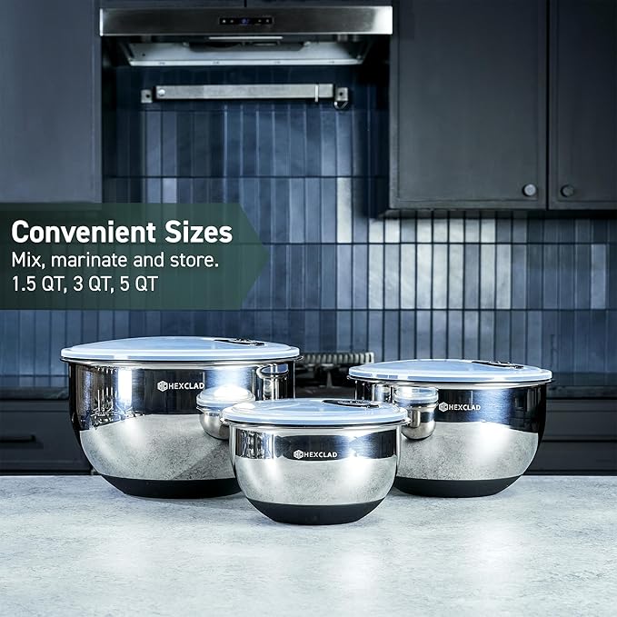 HexClad Stainless Steel Mixing Bowl Set, 3-Piece with Vacuum Seal Lids and Non-Slip Base, 1.3,3 and 5 Quarts