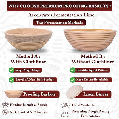Banneton Bread Proofing Baskets - 2 Pcs 9 Inch Round Bread Proofing Baskets with liner, Plastic Scraper & Oil Brush | Ideal Gift for Bakers
