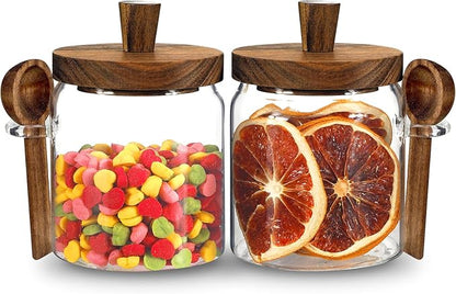 Glass Food Storage Jar with Lids Spoon Glass Coffee Canister Borosilicate Glass Food Containers for Ground Coffee Beans Nut Pasta Sugar Candy Spice Rice Tea (400ml/13.5oz-2 pcs-with spoon)